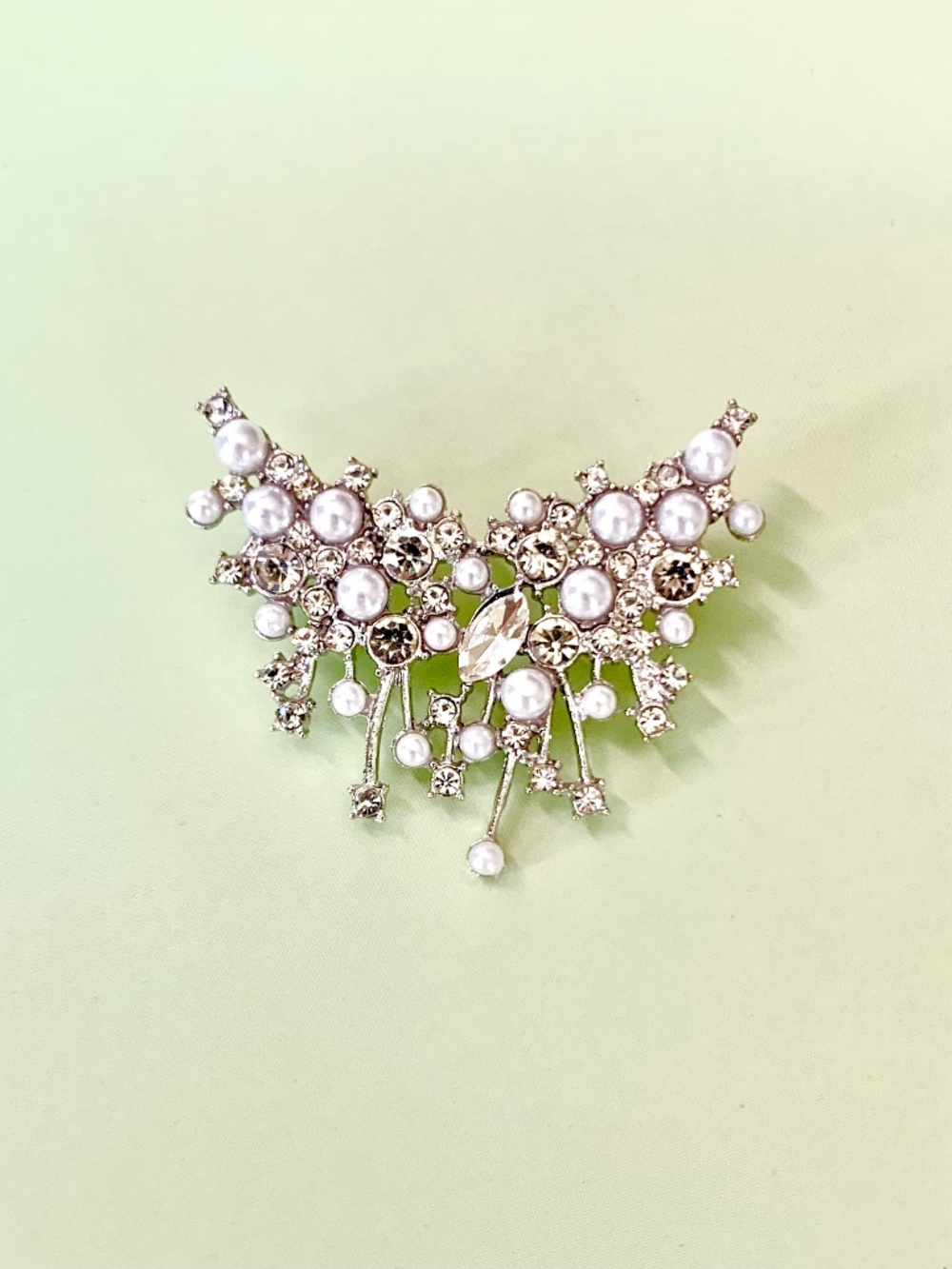 Pearl Crystal Rhinestone Cascade Butterfly Wing Brooch Pin Silver Victorian